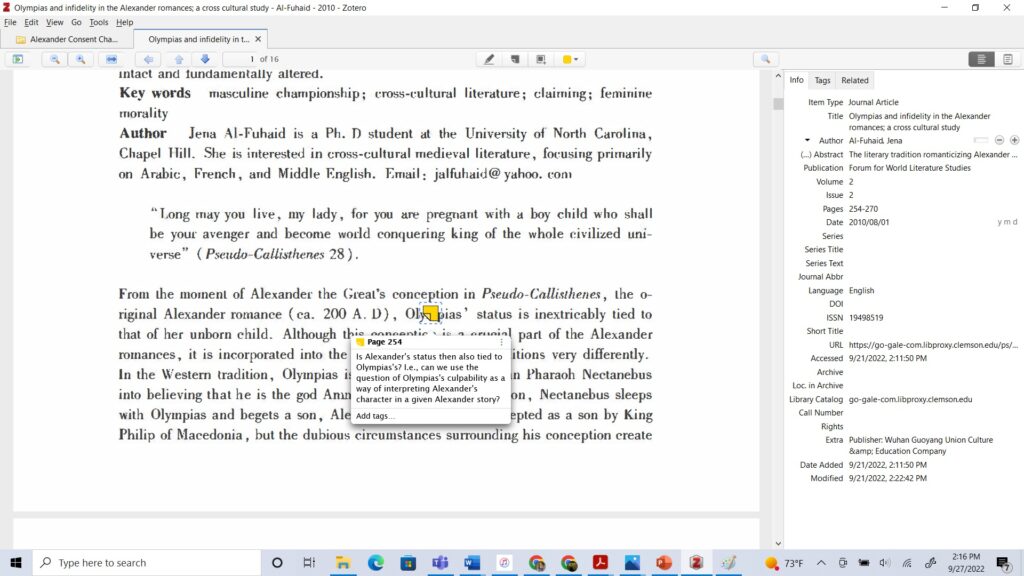 A screenshot of an article in Zotero with a sticky note marking a comment