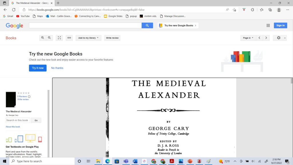 A screenshot of "The Medieval Alexander" in Google Books
