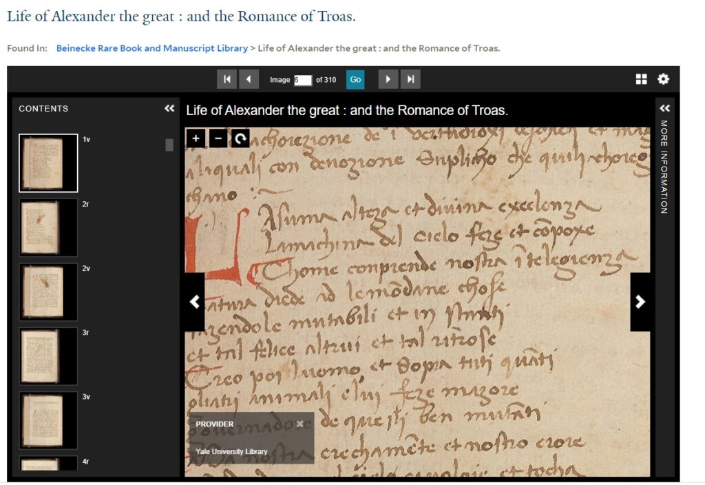 A screenshot from the website of the Beinecke Rare Book and Manuscript Library at Yale University, showing a page from Takamiya MS 50.