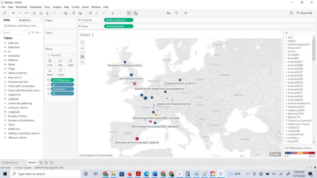 A screenshot of Tableau, showing a map with colored dots marking locations where manuscripts are held