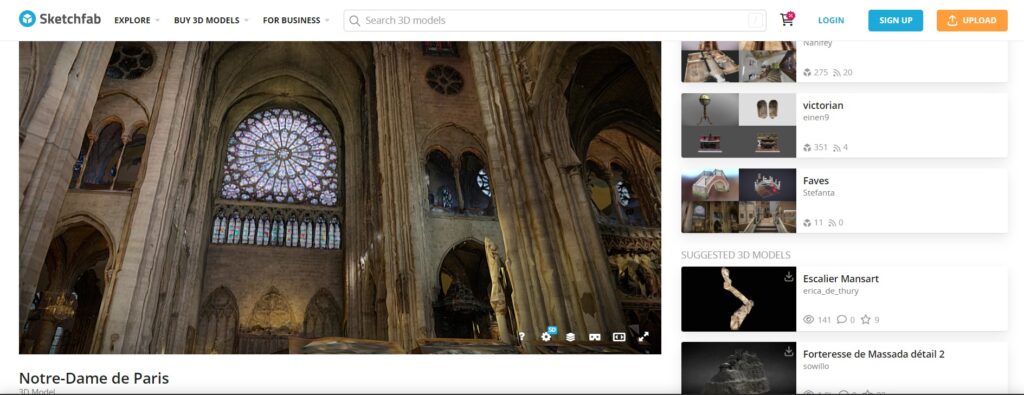 A screenshot of a 3D model of Notre-Dame de Paris on Sketchfab