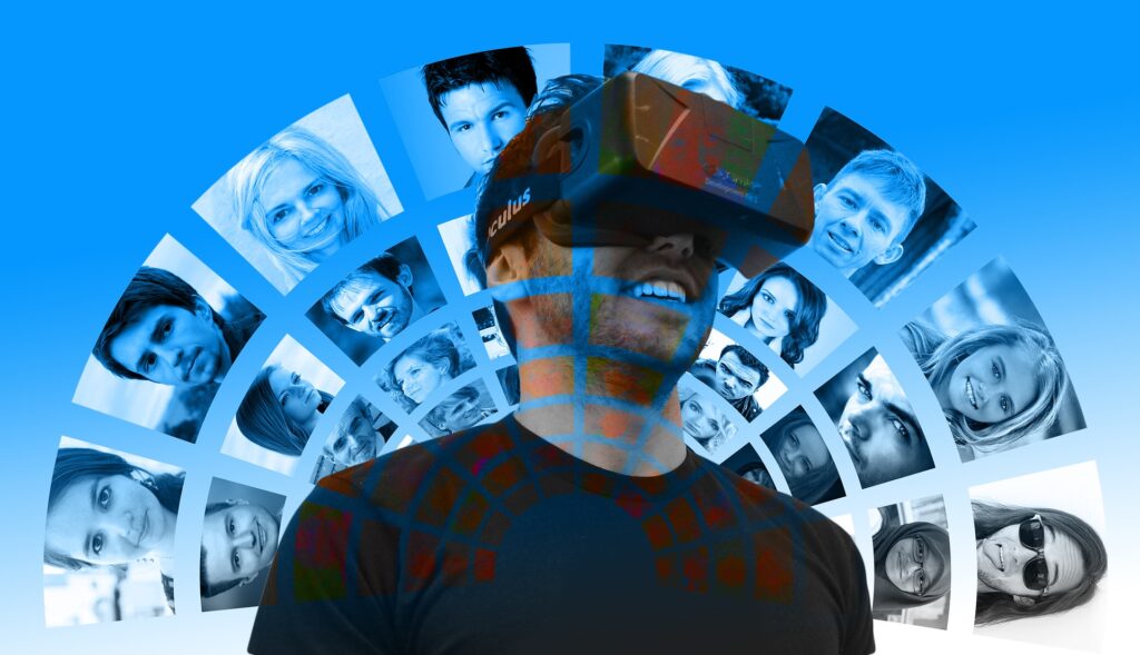 Picture of a smiling man wearing a virtual reality headset, surrounded by images of faces