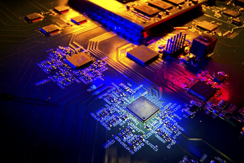 A picture of microchips which glow blue